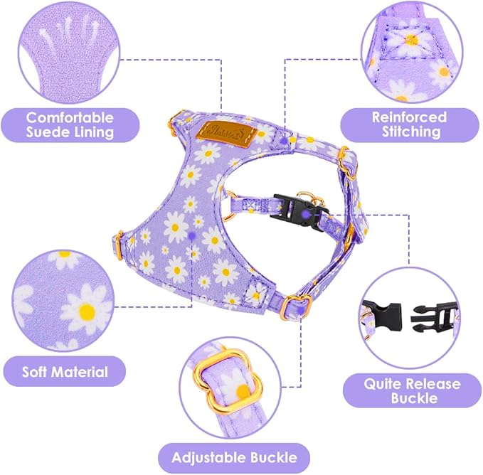 SlowTon No Pull Dog Harness with Leash - Soft Lightweight Floral Pattern Puppy Harness, Adjustable Pet Harness for Small Medium Dogs Doggie (Purple S)
