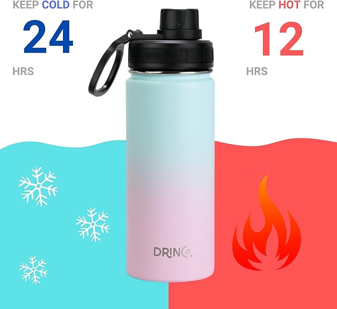 DRINCO Stainless Steel Water Bottle Spout Lid Vacuum Insulated Double Wall Water Bottle Wide Mouth (40oz 32oz 22oz 18oz 14oz) Leak Proof Keeps Cold or Hot (18 oz, 18oz Macaron)