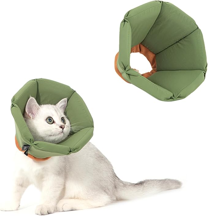 Cat Cone Collar - Soft Waterproof Elizabethan for Cats, Cute Green Flower Anti-Lick Recovery Collar, Adjustable Healing Collar for Wound Care & Surgery，L