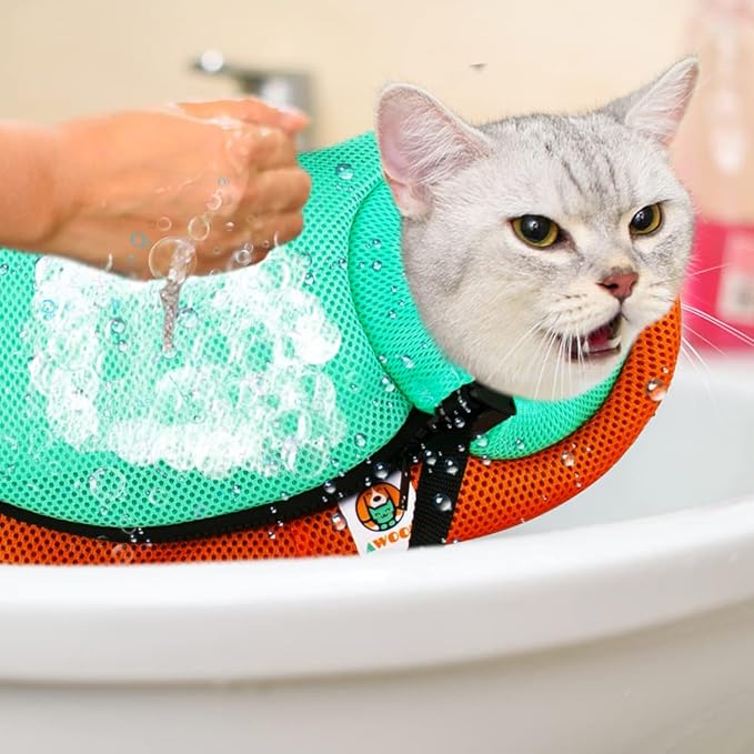 AWOOF Cat Grooming Bag Adjustable Cat Bathing Bag Anti Scratch Bite Restraint Bag Cat Sling Bag Durable Mesh Cat Shower Bag for Small Medium Large Cats Nail Trimming Ear Cleaning Medicine Taking