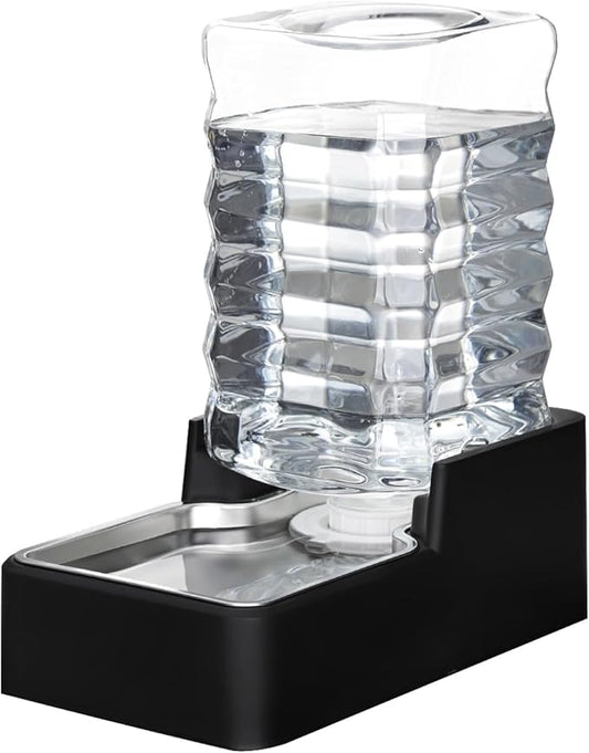 RIZZARI Stainless Steel Pet Water Feeder: 7.5L Black Automatic Leak-Proof Gravity Dispenser for 20-35 LB Dogs with Spinal Problems - with Filter - Ideal for Bedroom Living Room