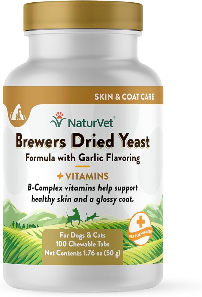 NaturVet Brewers Dried Yeast Formula with Garlic Flavoring Plus Vitamins for Dogs and Cats, Chewable Tablets, Made in The USA with Globally Source Ingredients 100 Count