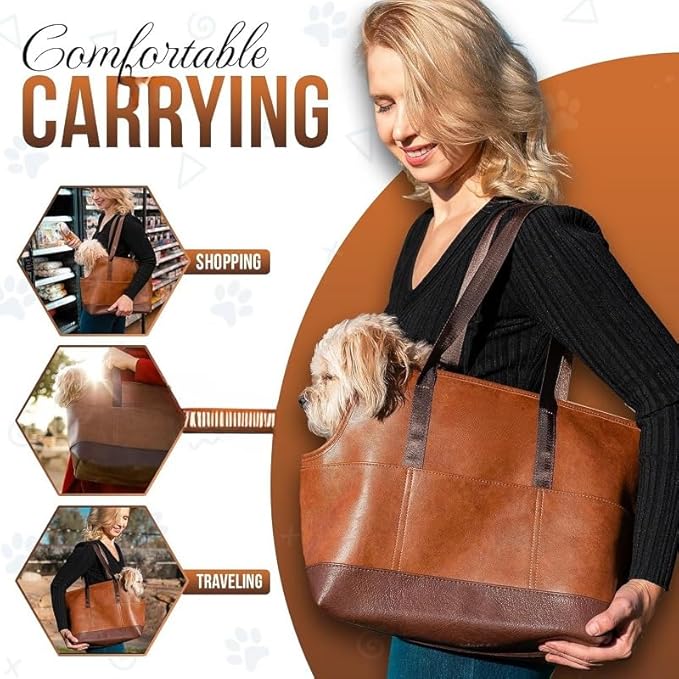 Premium Pet Carrier Tote Bag with Multiple Pockets, Brown/White PU Leather, 18.5L x 7W x 11.5H inches (Brown)