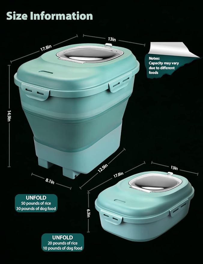 Cereal Rice Storage Containers, 20 to 50Lbs Collapsible Dry Food Dispenser Bins with Airtight Flip Lid Rolling Wheel, Kitchen Pantry to Store Sugar Flour, Dog Pet Cat Food Holder Container