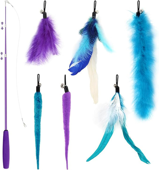 SONGWAY Interactive Cat Feather Toy Set - Retractable Teaser Wand with 6 Pcs Feather Refills with Bell, Cat Wand Toys for Indoor Cats Kittens Play Chase Exercise, Blue