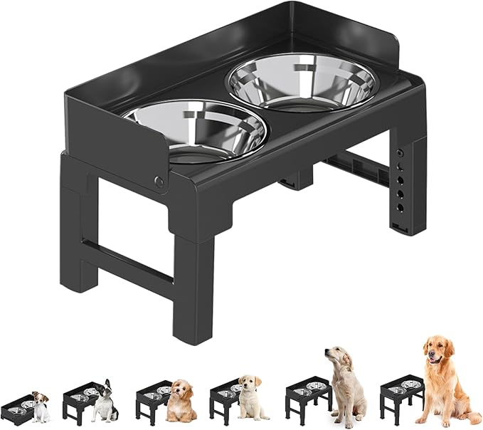 PAKEWAY Elevated Dog Bowls, Spill Proof, Tiltable Dog Feeder with 2 Stainless Steel Bowls, 6 Height Adjustable Raised Bowl