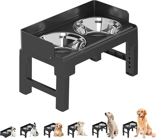 PAKEWAY Elevated Dog Bowls, Spill Proof, Tiltable Dog Feeder with 2 Stainless Steel Bowls, 6 Height Adjustable Raised Bowl