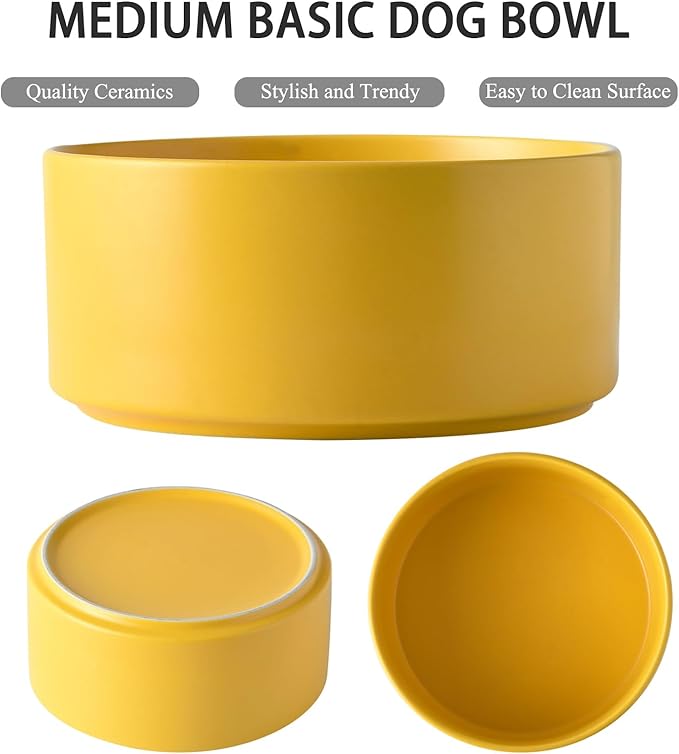 6'' Ceramic Raised Dog Bowl - 30Oz Dog Food & Water Bowl with Elevated Non-Slip Bamboo Stand, Dishwasher & Microwave Safe, Anti Vomiting Heavy Duty Pet Bowl for Small and Medium Dogs, Yellow