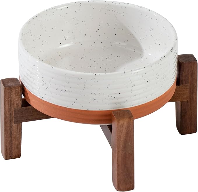 Ceramic 5.1inch Raised Dog and Cat Bowl Set, 2 Heights Elevated Wooden Stand for Puppy, Kitty, Cats, Weighted Pet Food and Water Dishes(5.1'',13.5oz, Vanilla White)