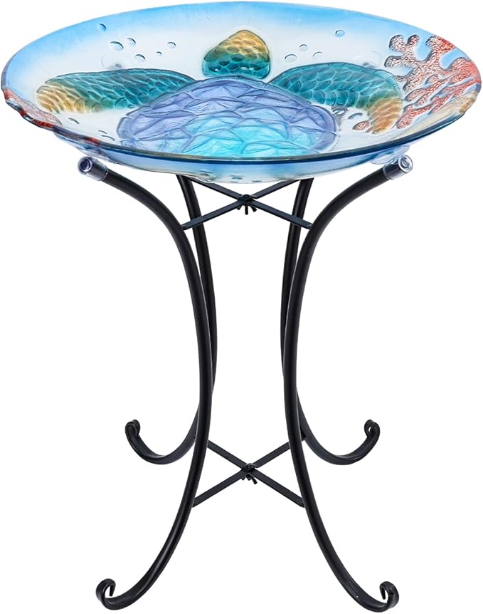 MUMTOP Bird Baths for Outdoors, Sea Turtle Glass Large Bird Bath Bowl with Metal Stand, Bird Feeders for Outside and Garden, Patio,Lawn Decor (Blue)