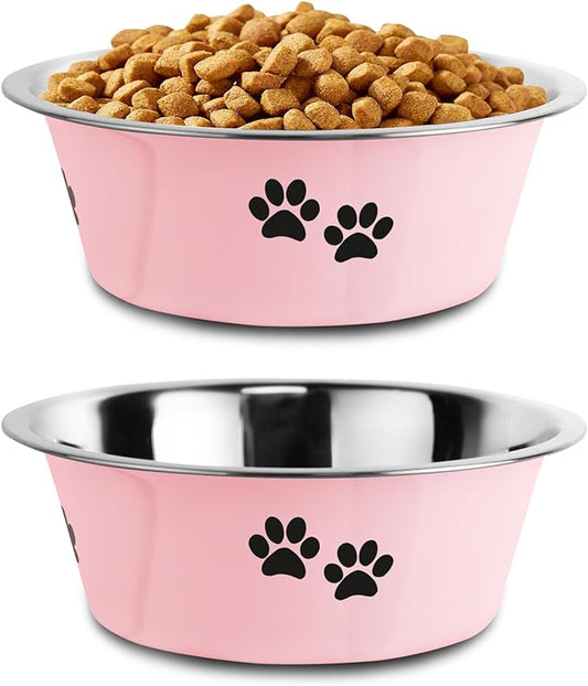 Stainless Steel Dog Bowls, Nonslip Rubber Bottom No Spill Proof Skid Metal Insulated Dog Bowls for Large Medium Small Breed Dogs (Pink, 6.6 Cups/53 OZ)
