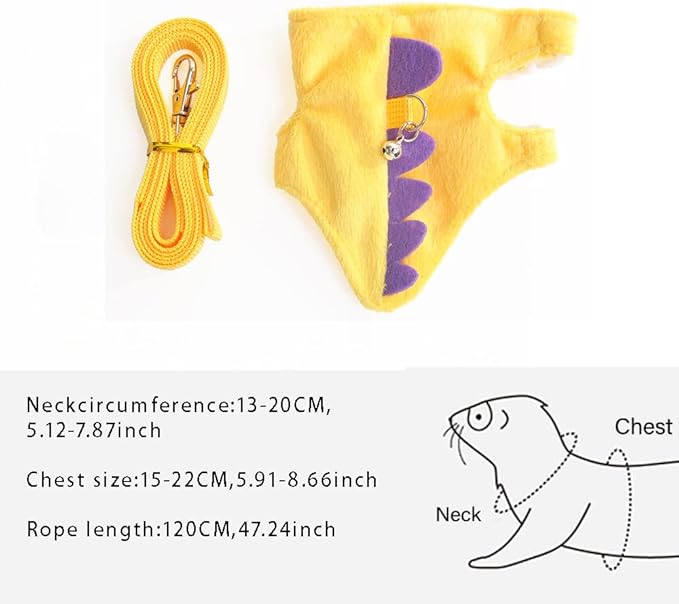 Ferret Leash and Harness Set, Dinosaur Design Small Animal Harness with Leash, Adjustable & Escape-Proof, Soft Plush Comfort for Rabbits, Kitten, Bunny, Hedgehog (Yellow)