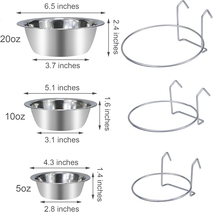 Wontee Pet Bowl Stainless Steel Hanging Food Water Bowls Bird Cage Feeder for Birds, Parrots, Small Sized Dogs and Cats (S)