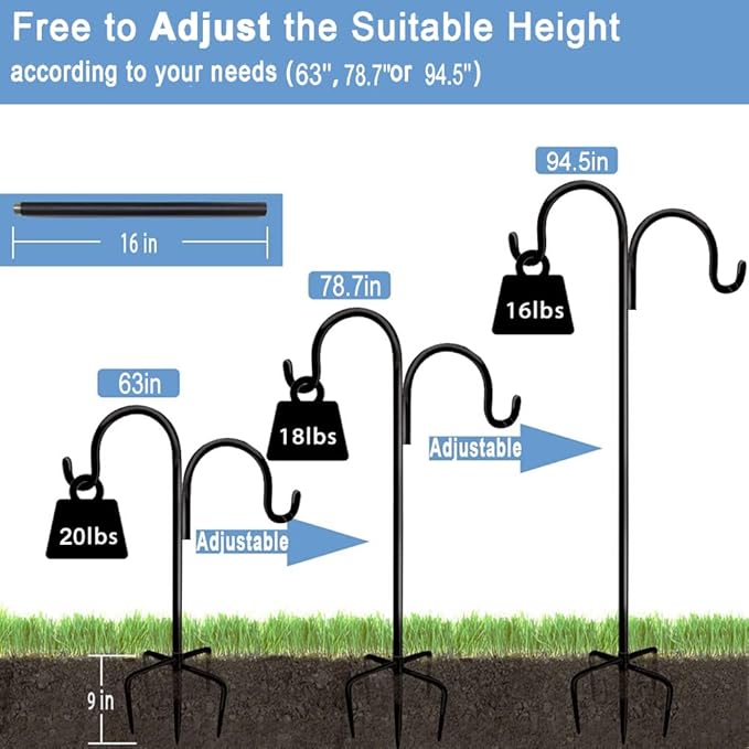 Adjustable Double Shepherds Hook,78.7 Inch Tall Heavy Duty Hanging Two Sided Garden Pole for Bird-Feeder Lantern Plant-Hook Garden,Plant Stand Hanger for Outdoor Wedding Decor