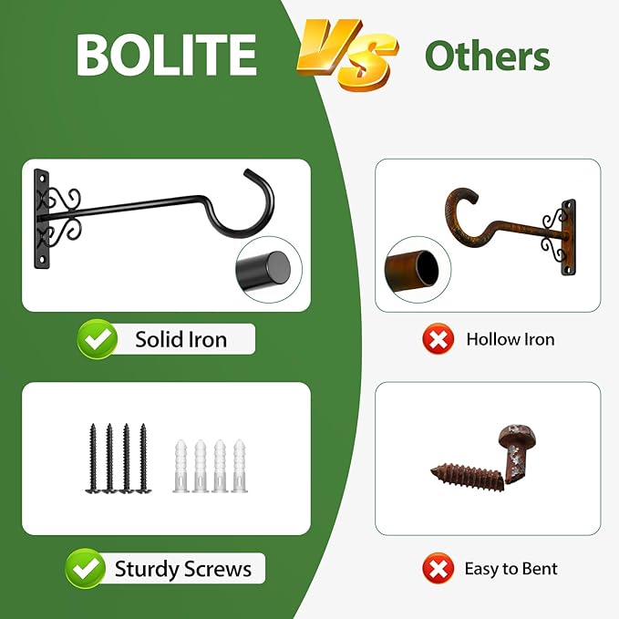 BOLITE Plant Hangers, 12 Inch Hanging Plant Brackets Outdoor or Indoor, Wall Hooks for Hanging Hummingbird Feeders, Bird Feeders, Planters, Lanterns, Wind Chimes, String Lights, 2 Pack, Black