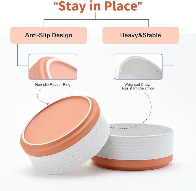 SPUNKYJUNKY Ceramic Dog and Cat Bowls 2 Pack, 5.1'' Dog and Cat Food Water Double Feeding Bowls Non-Slip for Cats and Puppy Small Sized Breed Microwave Dishwasher Safe - 13.5 OZ, 2pcs, Pattern White