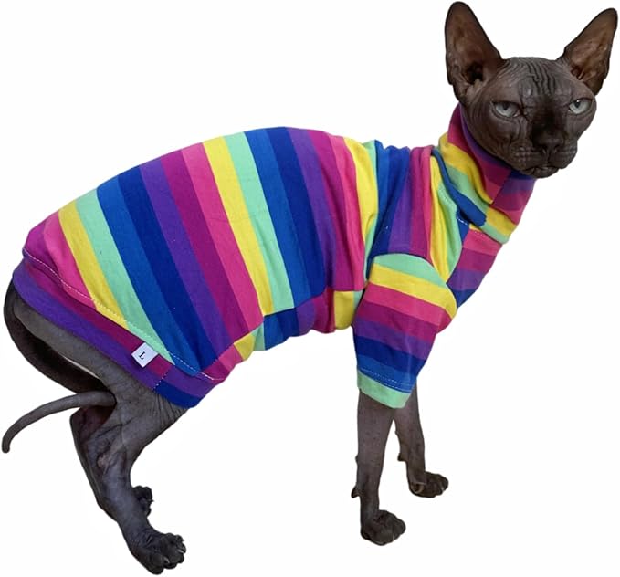 Vintage Stripes Sphynx Hairless Cats Shirt Cotton Cat Turtleneck Pet Clothes Kitten T-Shirts with Sleeves for Sphynx Cornish Rex, Devon Rex, Peterbald (Rainbow Stripe, X-Large (Pack of 1))