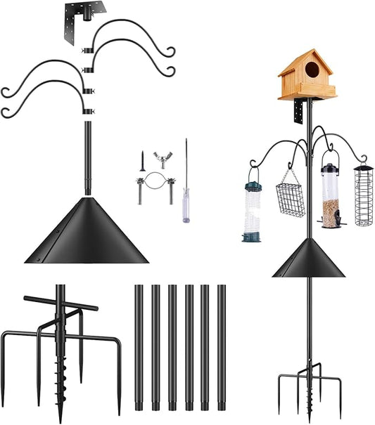 92 Inch Bird House Pole for Garden, Optimech Bird Feeder Poles with Squirrel Proof Baffle 4 Shepherd Hooks,Heavy Duty Stand 5-Prong Anchor Feeding Station (Bird House NOT Included)
