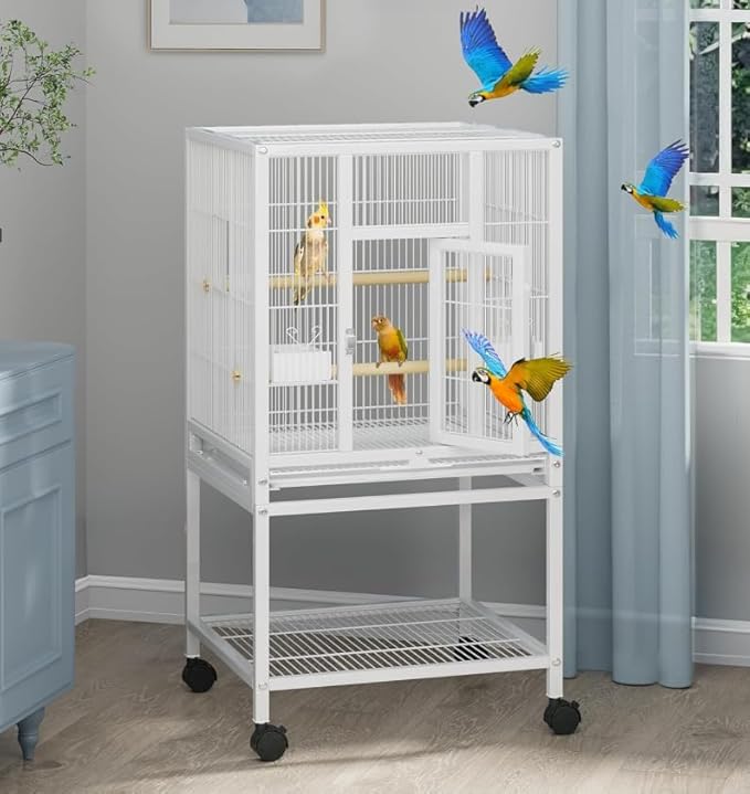 GarveeHome Small Bird Cage with Wheels, 44 Inch Parakeet Cage with Top Stand, 3 in 1 Bird Carrier for Parakeets, Canaries, Lovebirds, Small Quaker, Cockatiels, Budgie, Green Cheek (41in)