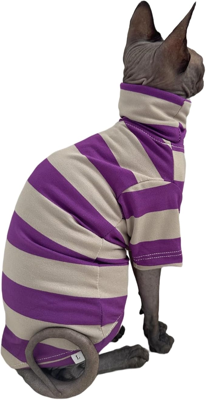 Vintage Stripes Sphynx Hairless Cats Shirt Cotton Cat Turtleneck Pet Clothes Kitten T-Shirts with Sleeves for Sphynx Cats (Wide Purple Grey Stripe, Large)