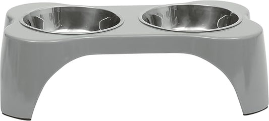 Gibson Home Bow Wow Meow 3-Piece Elevated Dog Bowl Set – Bone-Shaped Raised Feeder with 2 Stainless Steel Bowls for Medium to Large Dogs, Non-Slip, Easy to Clean, Grey