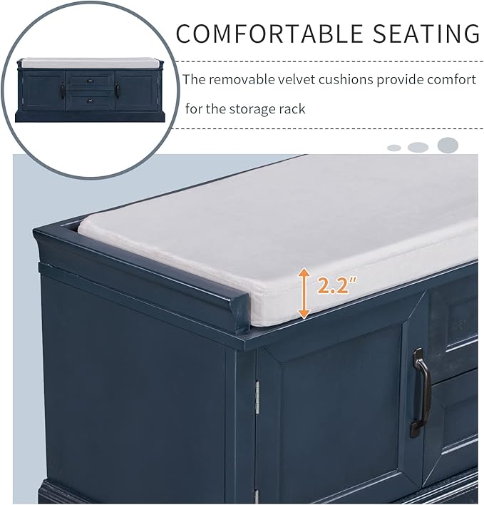 Storage Bench with 2 Drawers and 2 Cabinets, Pine Wood Shoe Bench with Removable Cushion for Living Room, Entryway 42.5" L x 15.9" W x 17.5" H (Antique Navy)