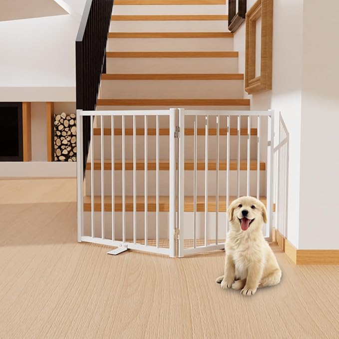 Full Metal Freestanding Dog Gate with Door, 24'' Height Foldable Pet Dog Fence for Indoor & Outdoor, 2 Panels Extra Wide Free Standing Small Dog Gates for Doorways,House,Stairs,Porch,Deck,Yard