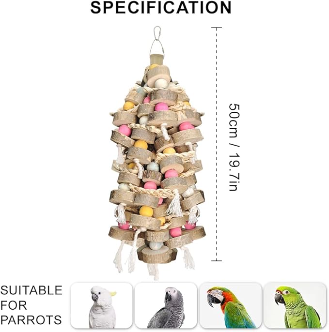 Large Bird Toys for Parrots Toys Natural Colored Wooden Bird Cages Chew Accessories for Macaws, Cockatoos, African Grey, and Amazon Parrots
