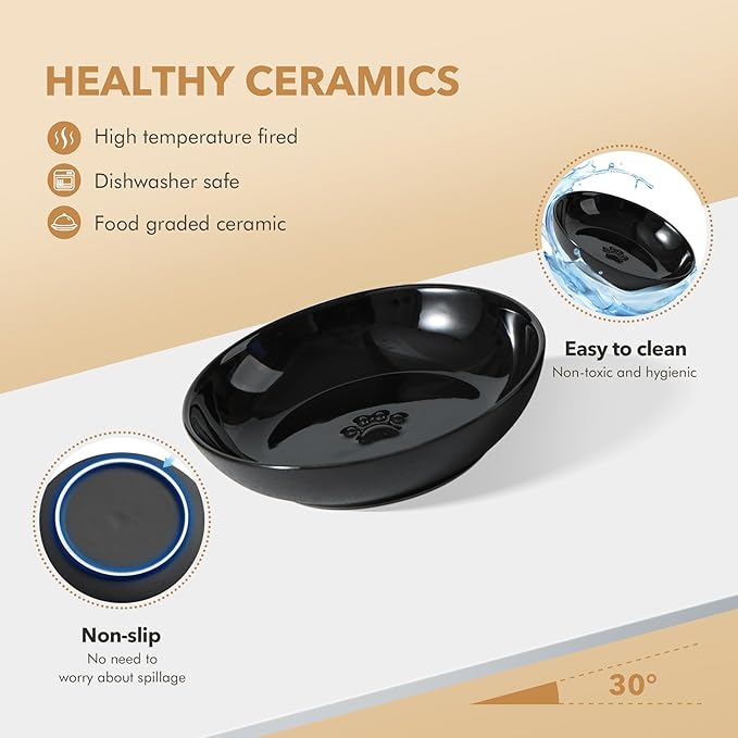 5.7'' Ceramic Wide Whisker Friendly Cat Dishes, Set of 3 Ceramic Cat Bowls, Indoor Kitten Feeding Food& Water Dish to Prevent Whisker Fatigue(3 Pcs, Black)