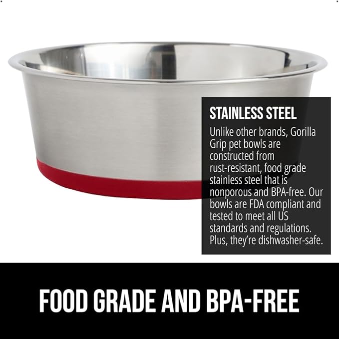 GORILLA GRIP Stainless Steel Metal Dog Bowl, Rubber Base, Heavy Duty Feeding Dish, Food Grade BPA Free, Less Sliding on Floors, Quiet Pet Bowl for Cats and Dogs, Holds 8 Cups (64 fl oz), Red