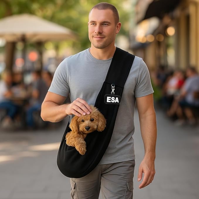 Small Emotional Support Dog Sling Carrier with ID Tag | EZ-Sling for Small Dogs | Includes Five ESA Handout Cards | Comfortable Alternative to Conventional pet Carriers