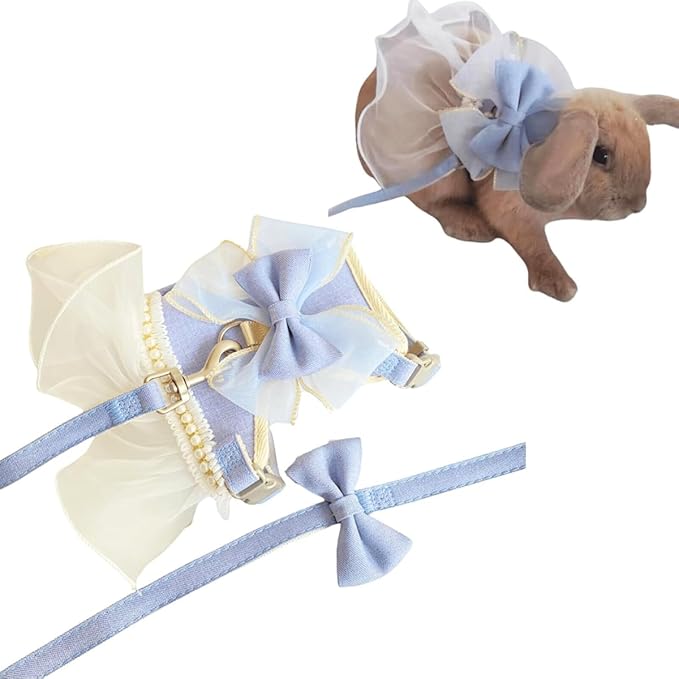 Rabbit Harness and Leash for Walking Escape Proof - Cute Skirt Mesh Breathable Bunny Vest Harness Outdoor Camping Hiking Training - Also Suit for Small Animals (Blue,L)