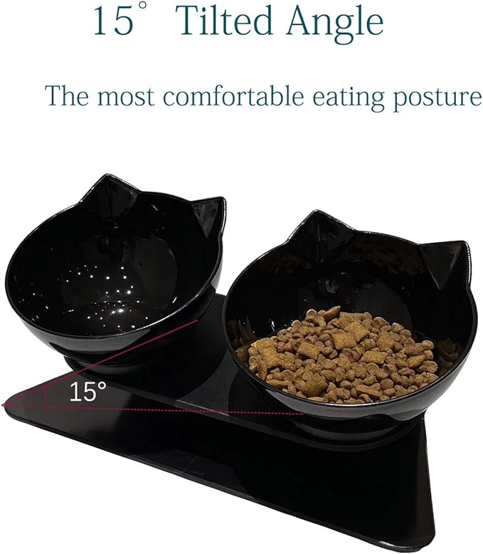Luck Dawn Double Elevated Cat Bowls with Raised Stand, 15 Tilted cat Bowl Design Neck Guard Stand Raised Pet Food Water Feeder Bowl for Cats or Small Dogs