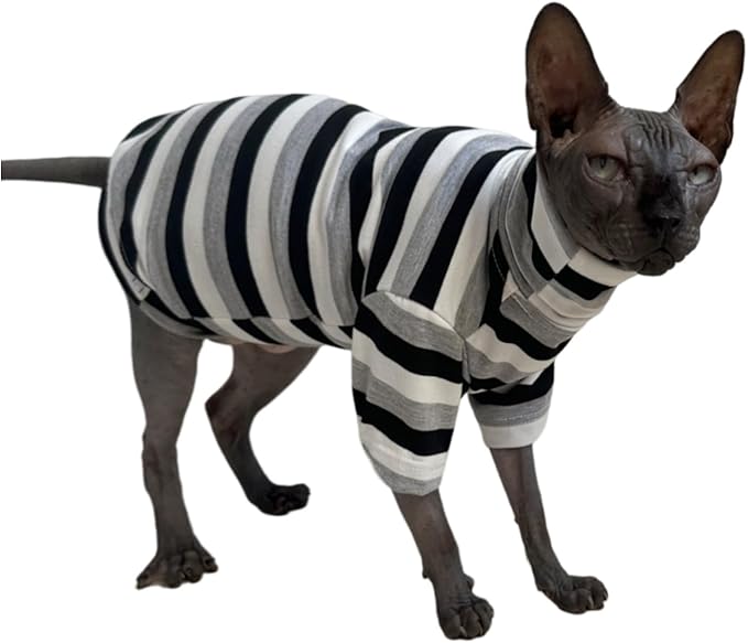 Vintage Stripes Sphynx Hairless Cats Shirt Cotton Cat Turtleneck Pet Clothes Kitten T-Shirts with Sleeves for Sphynx Cats (Black Grey White, X-Large)