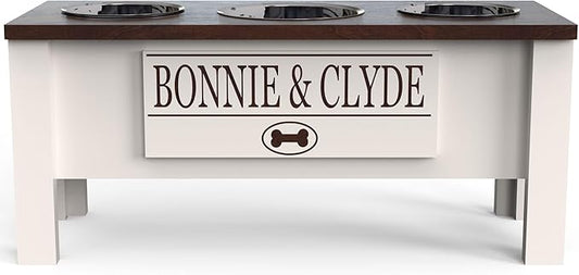 GrooveThis Woodshop - Personalized Elevated Triple Dog Bowl Stand for Large, Medium, Small, X-Small Dogs - 3 Stainless Steel Food and Water Bowls - Raised Dog Dish with Internal Storage (Large, Brown)