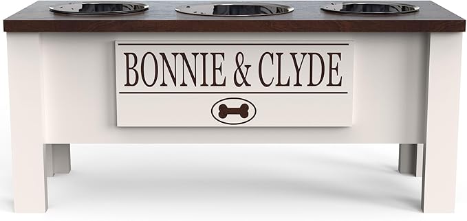 GrooveThis Woodshop - Personalized Elevated Triple Dog Bowl Stand for Large, Medium, Small, X-Small Dogs - 3 Stainless Steel Food and Water Bowls - Raised Dog Dish with Internal Storage (Large, Brown)