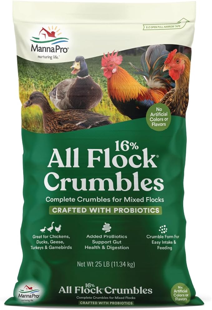 Manna Pro All Flock Crumbles – 16% Protein Complete Poultry Feed with Probiotics for Digestion, Crumbled Chicken & Game Bird Feed for All Flock Types, No Artificial Colors or Flavors, 25 lb