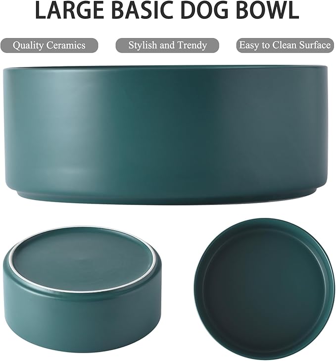 8'' Ceramic Dog Bowl - 70Oz Classic Dogs Food & Water Bowl for Medium and Large Breeds, Heavy-Duty Non-Slip Dog Dish, Food Grade Stoneware Pet Bowl, Dishwasher & Microwave Safe, Green