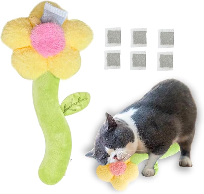Catnip Refillable Interactive Cat Toy with Crinkle Sound, Flower Kicker Toy for Indoor Cats, Includes 6-Pack Catnip Pouches, Chew, Food Puzzle for Kitten Enrichment