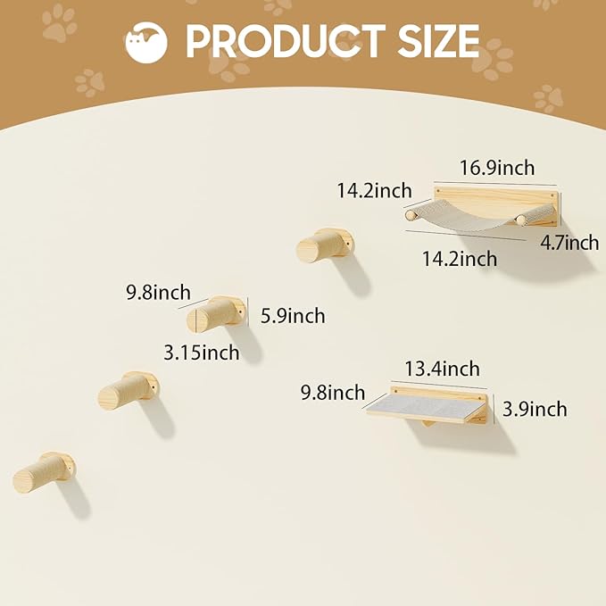 MeowHomm Cat Wall Shelves, Wooden Cat Wall Furniture Includes 4 Scratching Post Steps, Jumping Platform, Hammock for Kittens