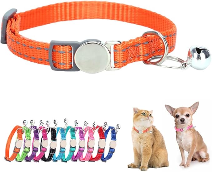 Orange Cat Bell Collar Reflective, Soft Nylon Break Away Kitten Collar with Bells, Breakaway Puppy Collar for XXS Xs Small Dogs, Neck 7-11 Inch
