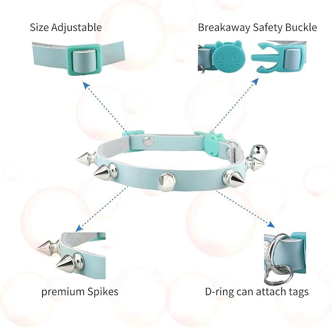 Spiked Cat Collar with Bells, Breakaway Genuine Leather Protective Collar for Kitty, Studs Spikes Punk Style Adjustable for Girl Boy Kittens Small Bunny Rabbit, 8"-9.5" Blue