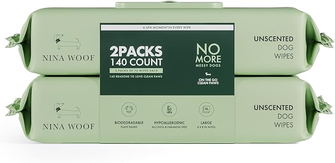 Nina Woof Dog Wipes – Fragrance-Free, Alcohol-Free, Hypoallergenic Pet Grooming Wipes with Aloe Vera, Biodegradable, for Dogs & Cats: Paws, Face, Ears & Butt – 2-Pack (140 Count)