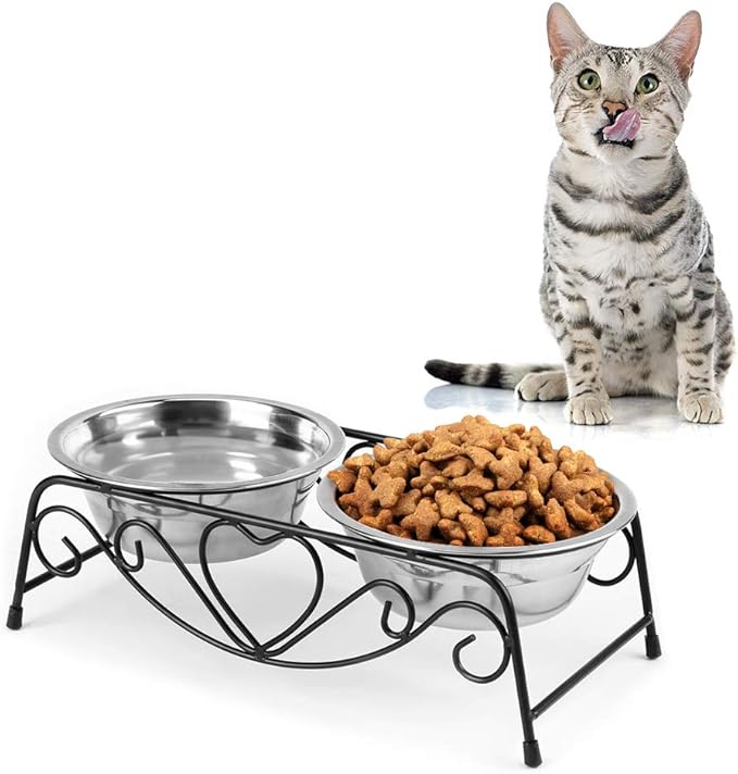 Pet Bowl, Double Cat Dog Waterer Bowls Stainless Steel Elevated Pet Water Food Feeder with Non-Slip Raised Stand for Small Dogs Cats Puppy Kitty