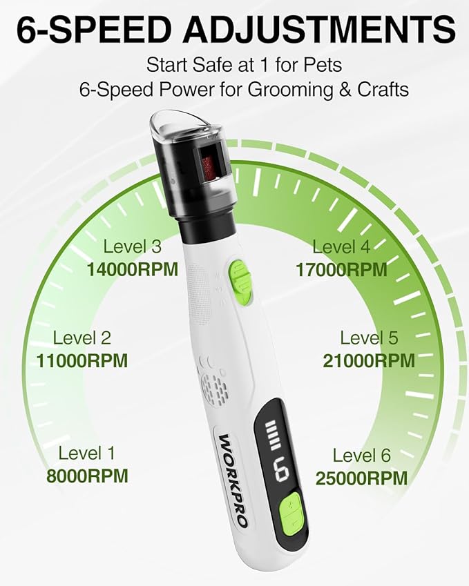 WORKPRO 6-Speed Dog Nail Grinder, Pet Nail Grinder for Small, Medium, and Large Dogs and Cats, 70 Accessories Rotary Tool with Type-C Charging Cable and Storage Bag for Sanding, Carving, and Polishing