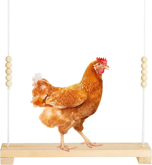 40cm Natural Wooden Chicken Swing Perch with Iron Monkey Decoration & Adurable Rope - Safe Poultry Toy for Hens, Birds with Wooden Beads & Durable Design