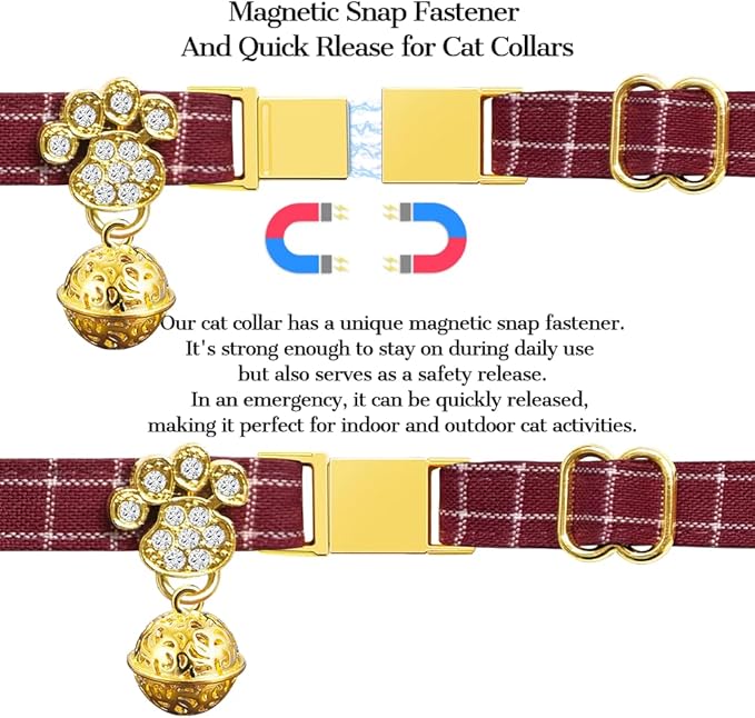 Personalized Breakaway Cat Collars - Magnetic Buckle, Bell - Safety Quick Release, Customized for Girls & Boys Cats- (Checkered-Red)