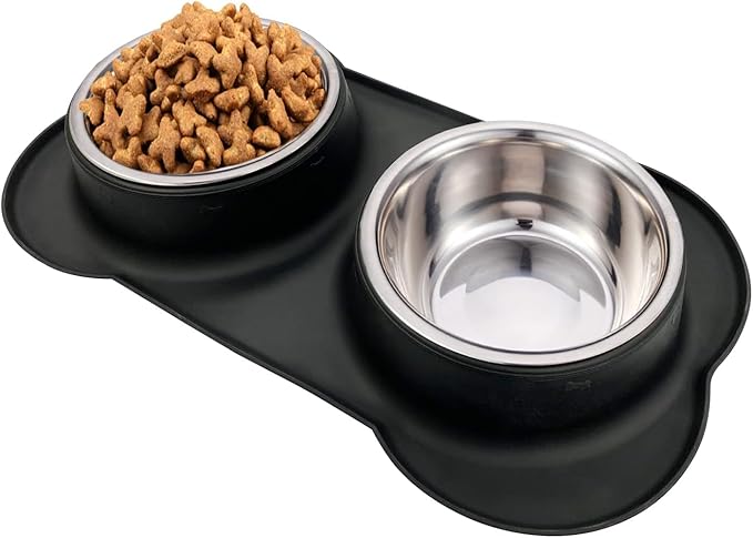 AsFrost Dog Food Bowls Stainless Steel Dog Bowls, Dog Food and Water Bowl Set with No Spill Non-Skid Silicone Mat, Dog Dishes for Small Medium Large Sized Dogs Pet Cat Food Bowls, 6 Cup, Black