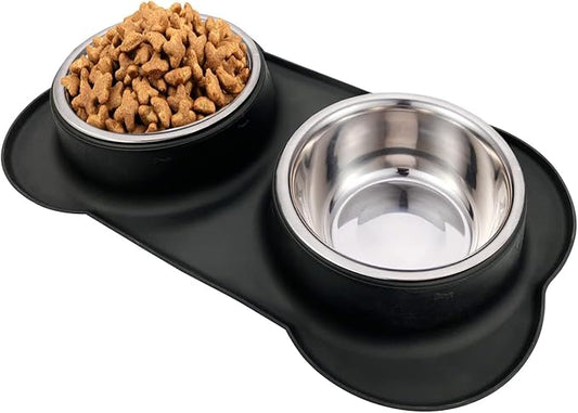 AsFrost Dog Food Bowls Stainless Steel Dog Bowls, Dog Food and Water Bowl Set with No Spill Non-Skid Silicone Mat, Dog Dishes for Small Medium Large Sized Dogs Pet Cat Food Bowls, 6 Cup, Black