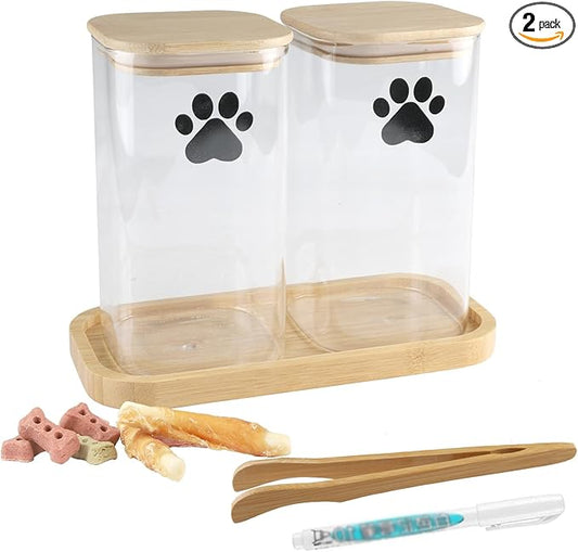 37oz Dog Treat Container Set of 2, Glass Dog Treat Jars for Kitchen Counter with Airtight Bamboo Lids, Small Pet Treat Canister,Puppy Food Bin for Kitchen Counter,Freshness Seal-Clear